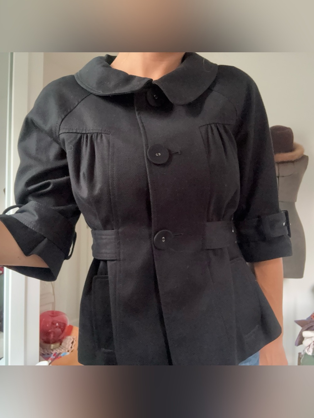 Ann Taylor LOFT Black Mod Vintage-Inspired Belted Swing Coat Size 6
